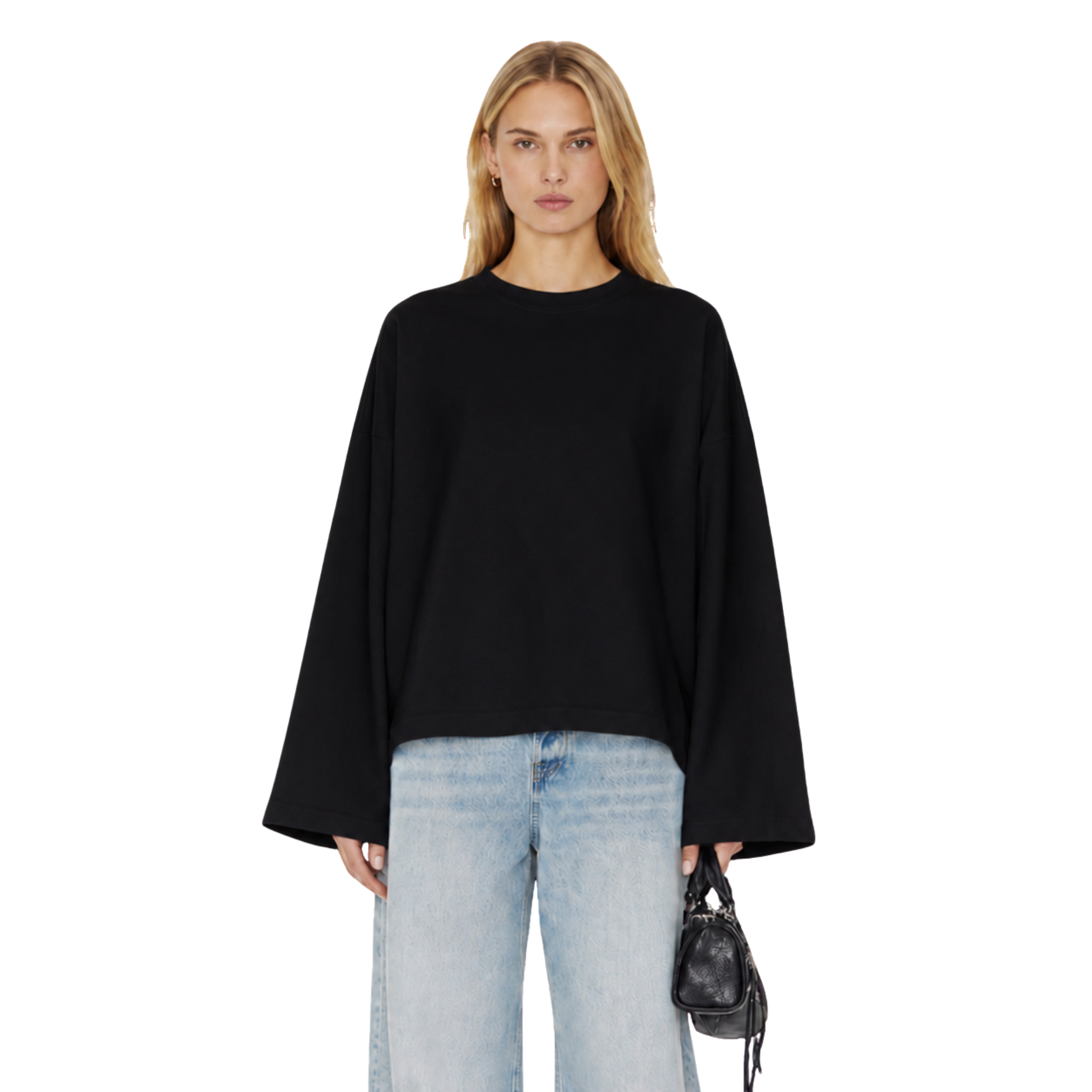 Boxy Cropped Long Sleeves T-shirt (Black)