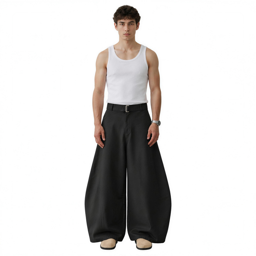 Wide Leg Belted Trousers (Black)