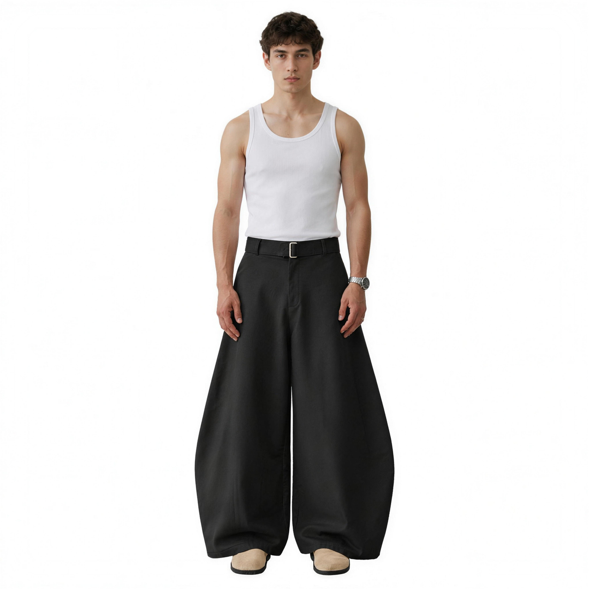 Wide Leg Belted Trousers (Black)