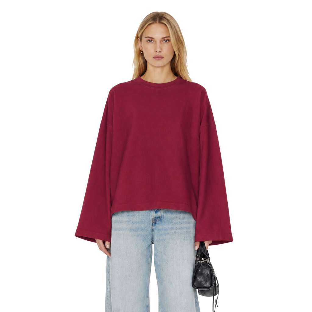 Boxy Cropped Long Sleeves T-shirt (Burgundy)