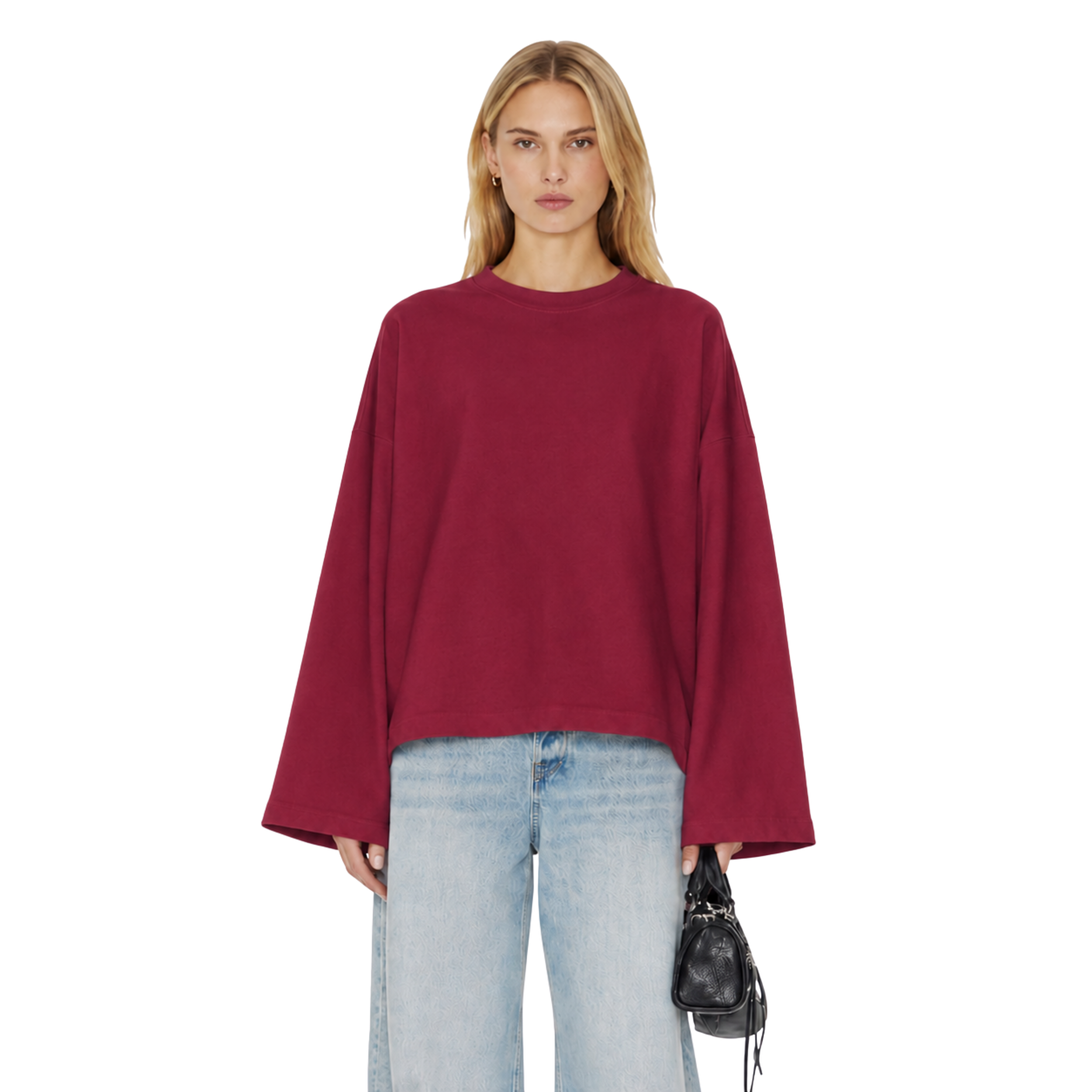 Boxy Cropped Long Sleeves T-shirt (Burgundy)