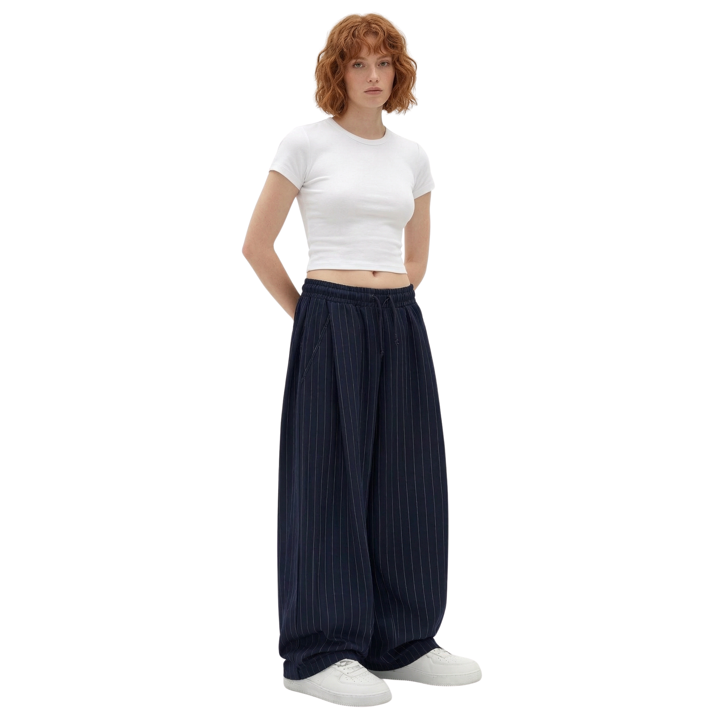 Pinstripe Two Tuck Pants (Navy Blue)