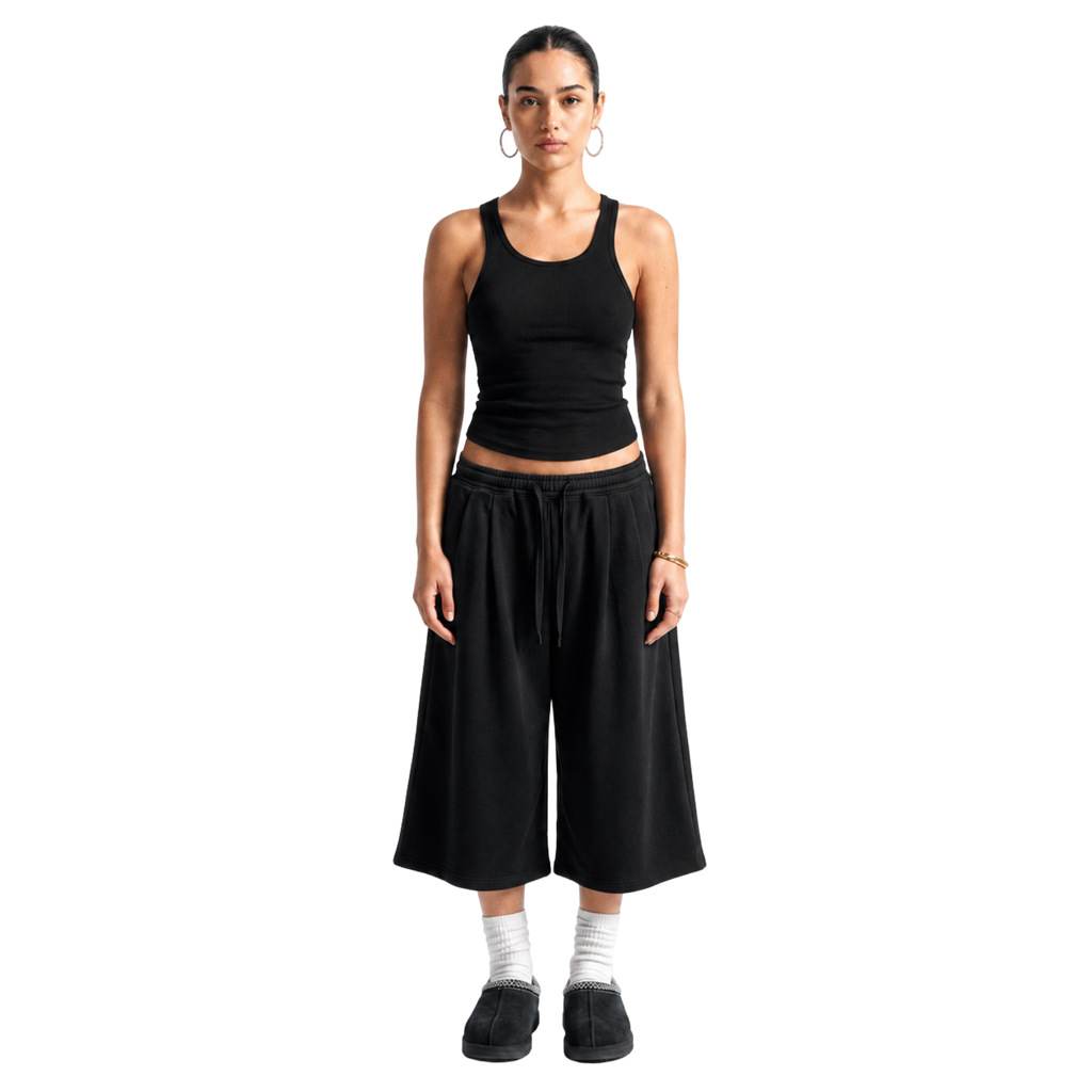 Double Pleated Long Short in Black
