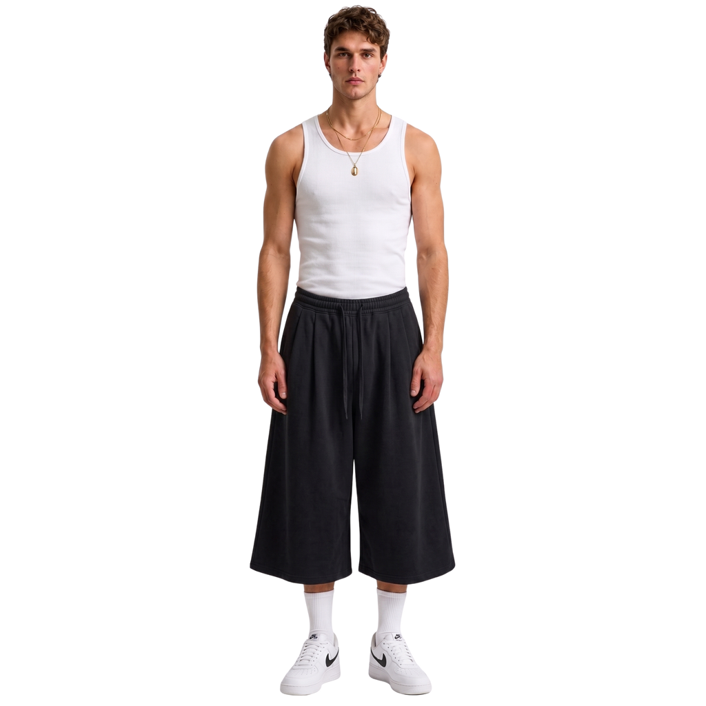 Double Pleated Long Short in Black