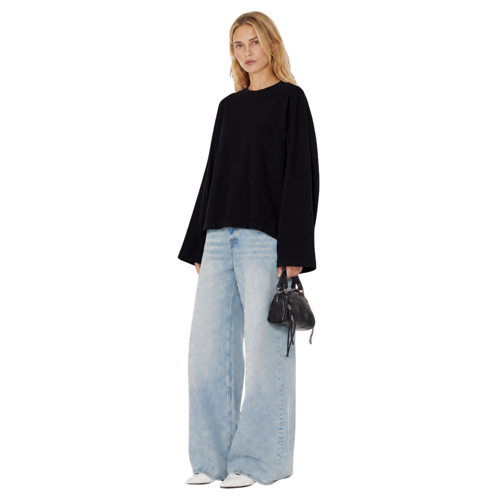 Boxy Cropped Long Sleeves T-shirt (Black)