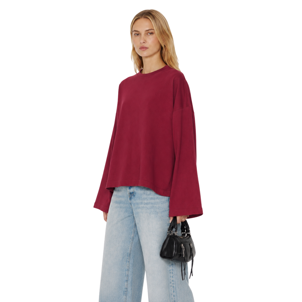 Boxy Cropped Long Sleeves T-shirt (Burgundy)
