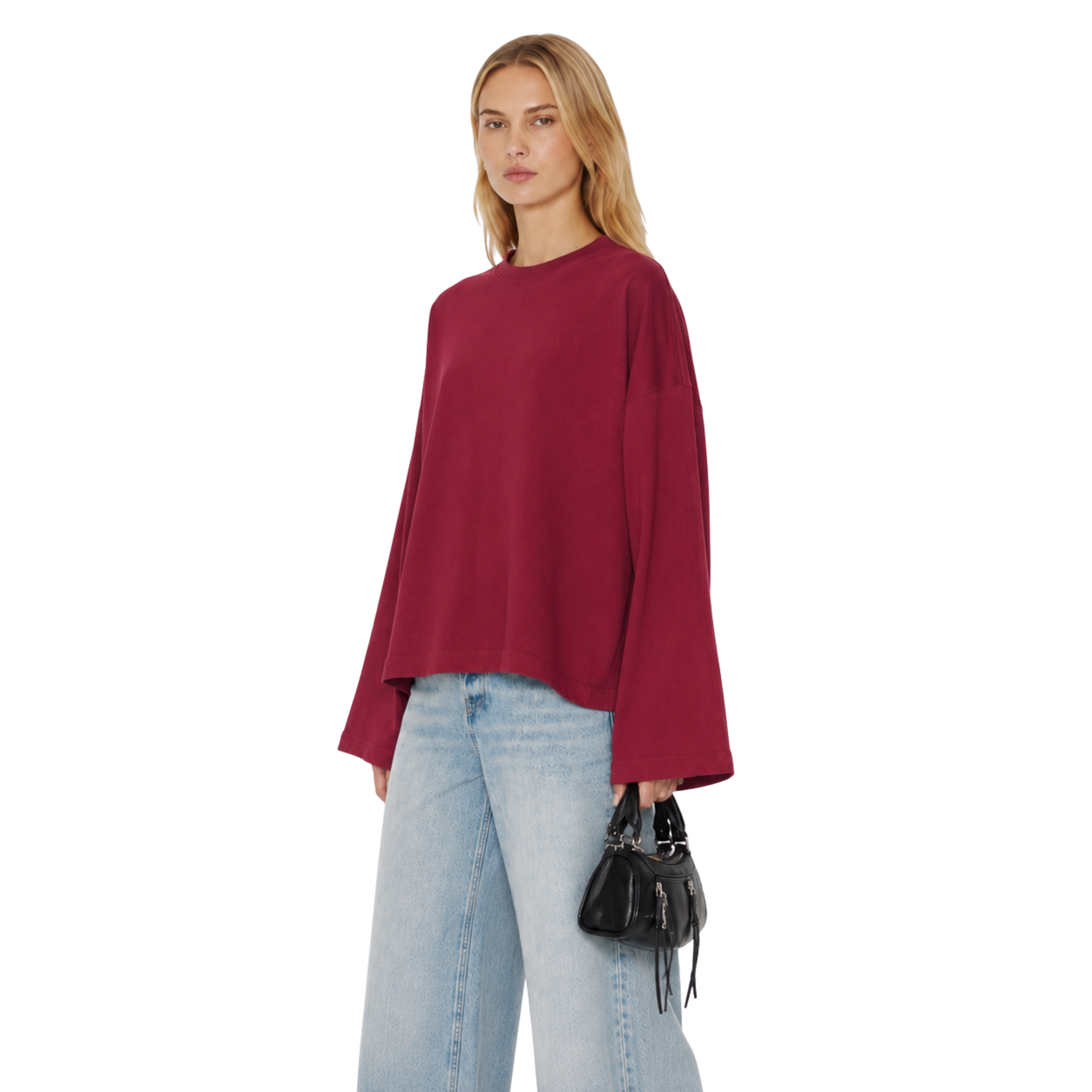 Boxy Cropped Long Sleeves T-shirt (Burgundy)