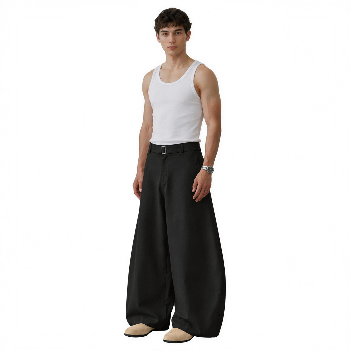 Wide Leg Belted Trousers (Black)