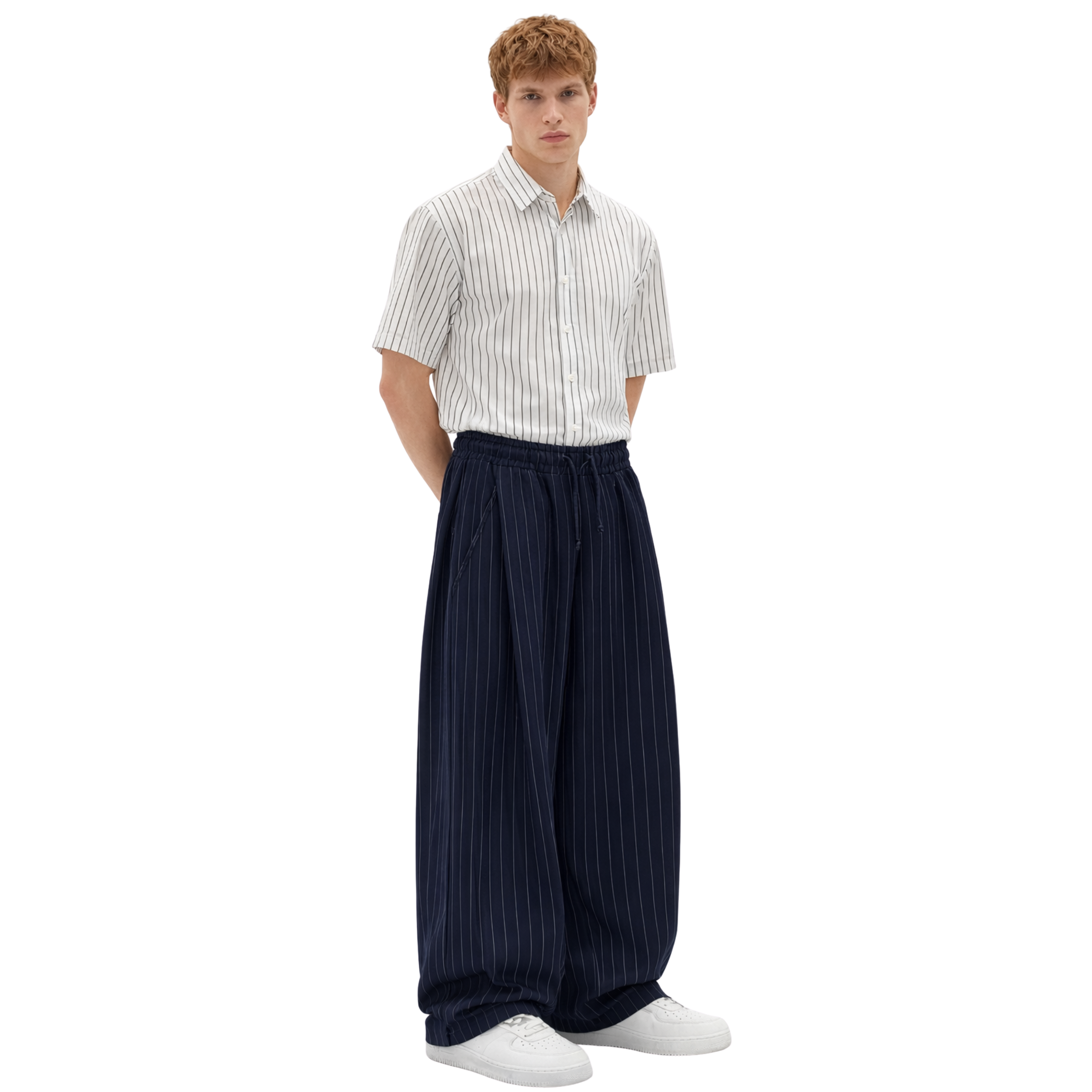 Pinstripe Two Tuck Pants (Navy Blue)