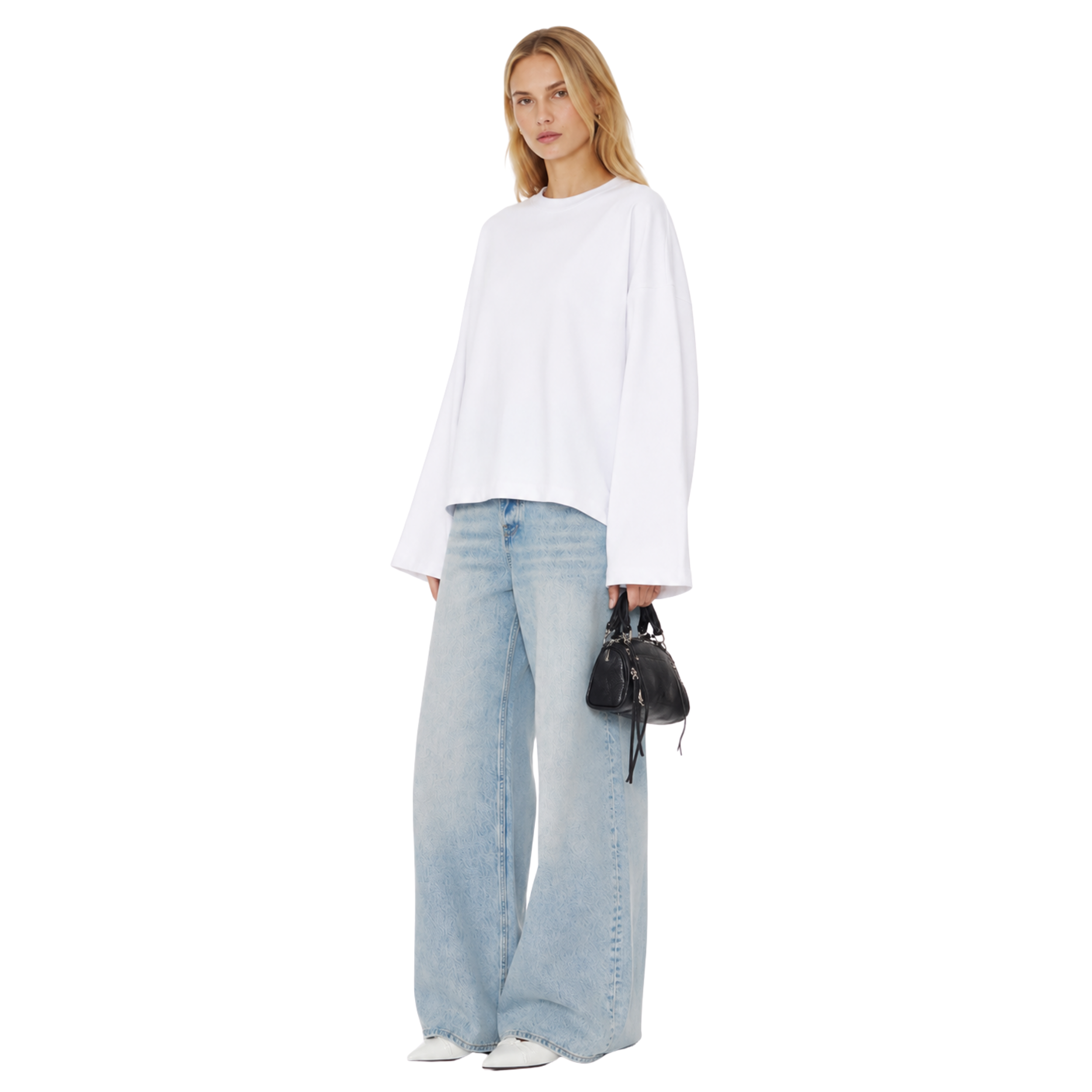 Boxy Cropped Long Sleeves T-shirt (White)