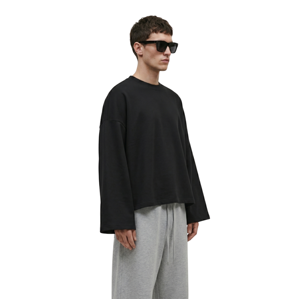 Boxy Cropped Long Sleeves T-shirt (Black)