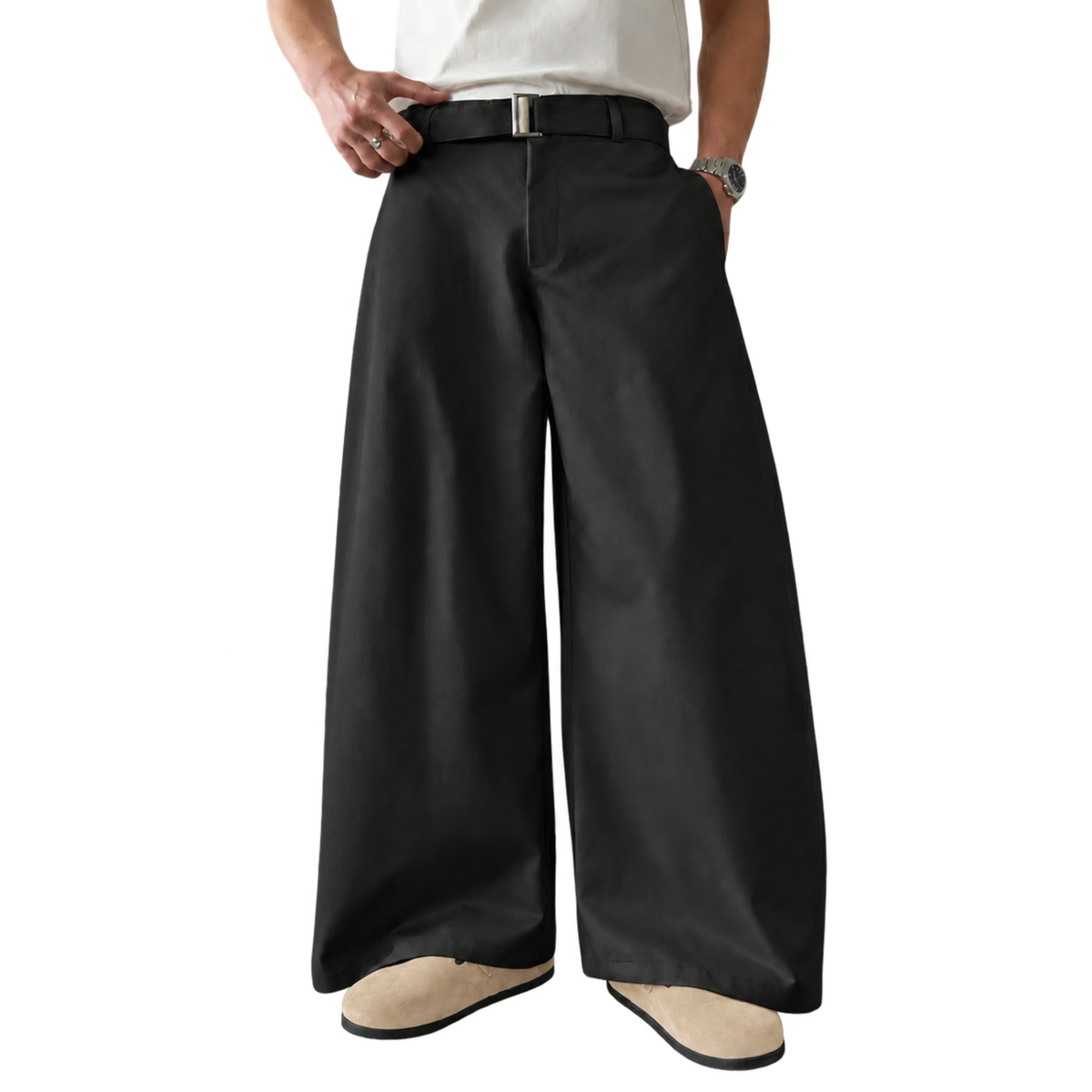 Wide Leg Belted Trousers (Black)
