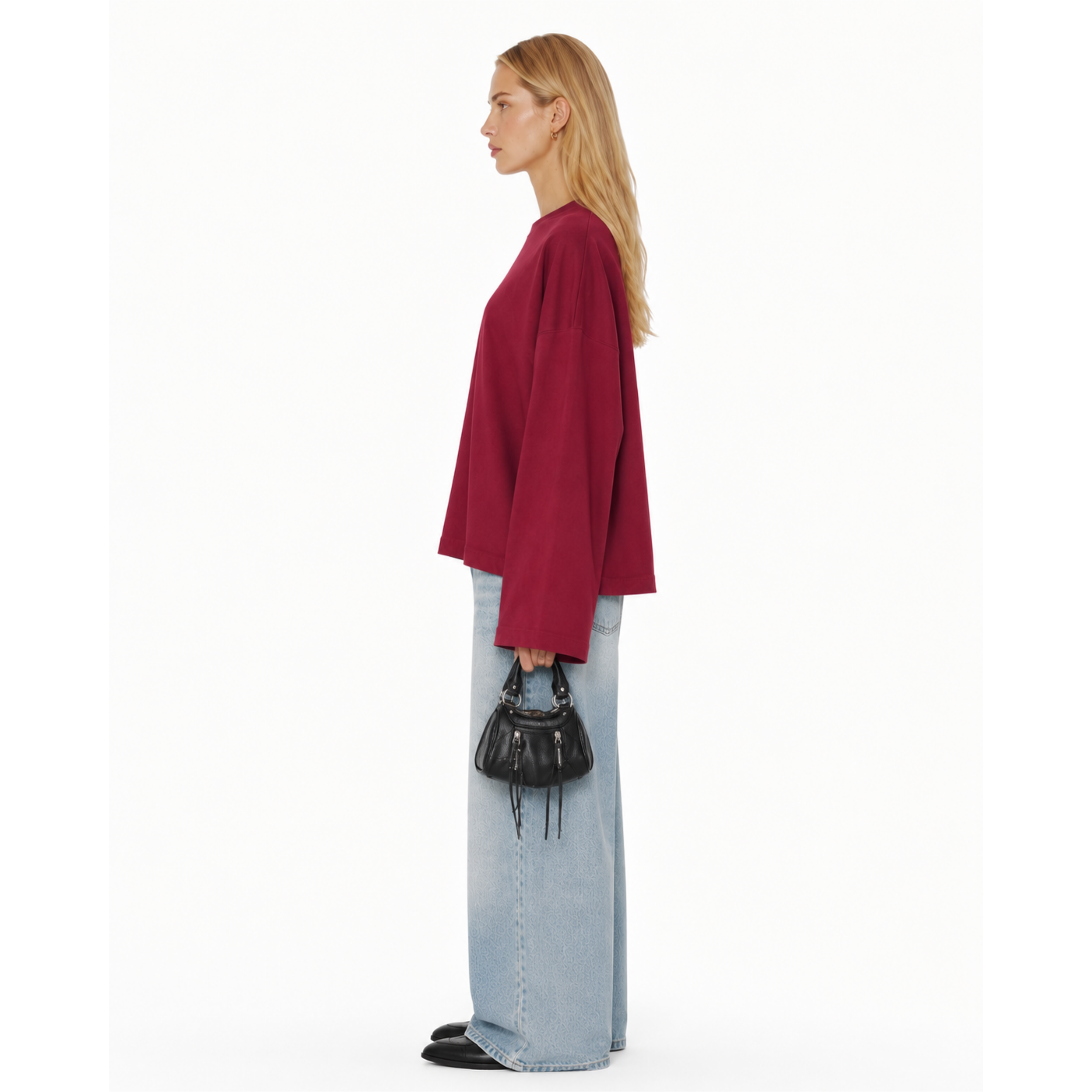 Boxy Cropped Long Sleeves T-shirt (Burgundy)