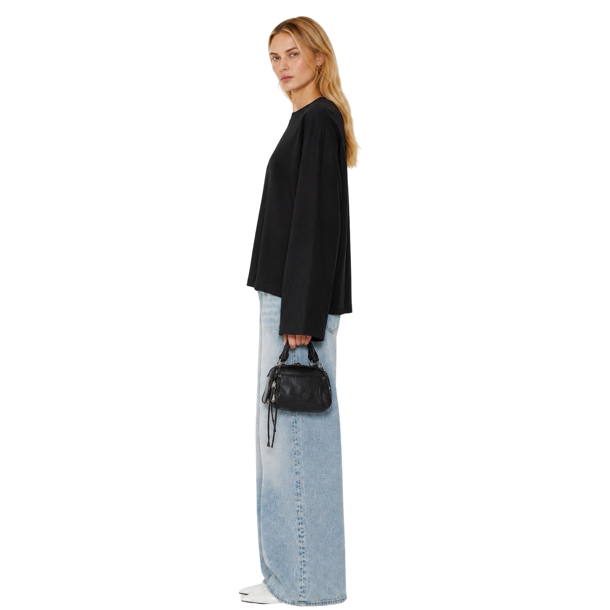 Boxy Cropped Long Sleeves T-shirt (Black)