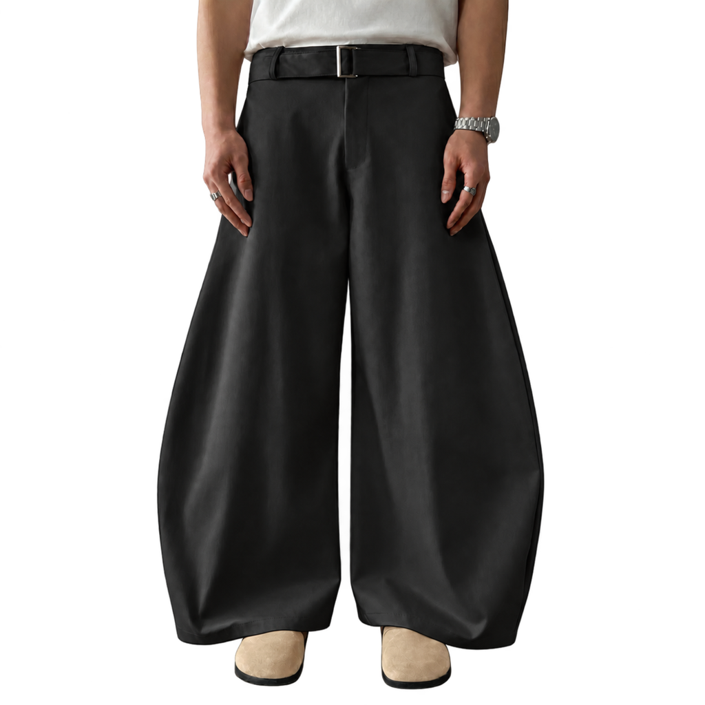 Wide Leg Belted Trousers (Black)